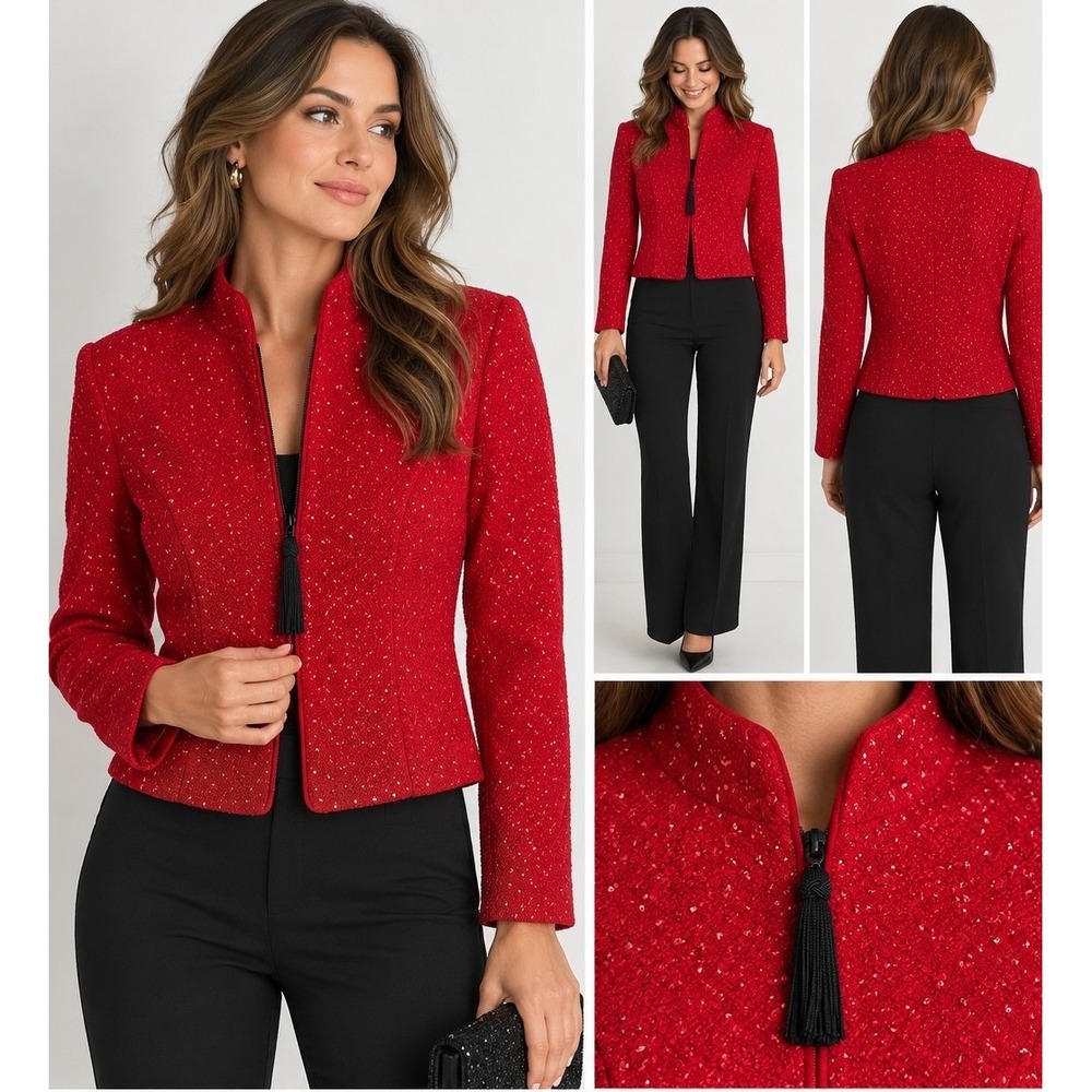 Vintage Jessica Howard Red Sequin Jacket 10 Cropped Zip Tassel Glam Holiday 90s